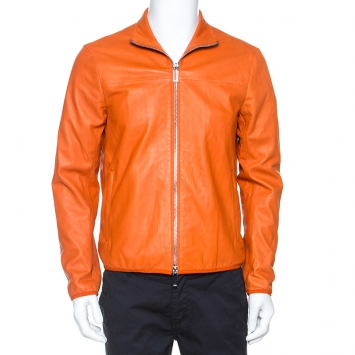 Pre Owned Emporio Armani Orange Leather Zip Front Jacket L