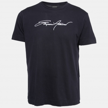 Pre Owned Emporio Armani Navy Blue Cotton Logo Embroidered  T-Shirt XL
