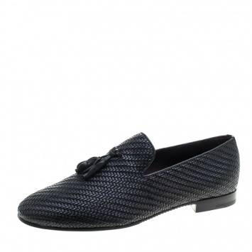 Pre Owned  Ermenegildo Zegna Black Woven Leather Lido Tassel Loafers Size 42
