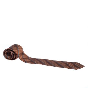 Pre Owned Ermenegildo Zegna Burnt Orange Diagonal Striped Pattern Jacquard Silk Classic Tie