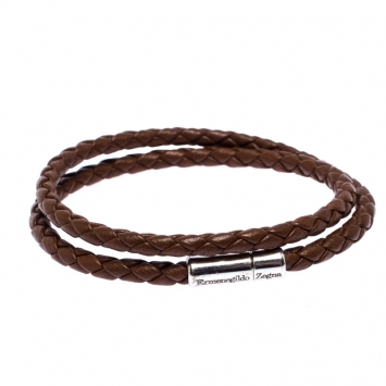 Pre Owned Ermenegildo Zegna Brown Woven Leather Silver Double Wrap Cord Bracelet