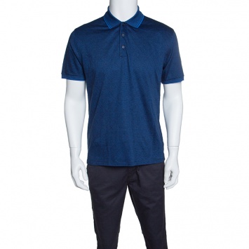 Pre Owned Ermenegildo Zegna Blue and Black Cotton Knit Diamond Pattern Polo T-Shirt M