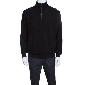 Pre Owned Ermenegildo Zegna Black Wool and Cashmere Leather Patch Detail Sweater XXL