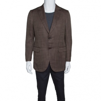Pre Owned Ermenegildo Zegna Couture Brown Textured Silk Cotton Blend Tailored Blazer L