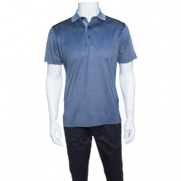 Pre Owned Ermenegildo Zegna Navy Blue and White Silk Honeycomb Knit Polo T-Shirt S