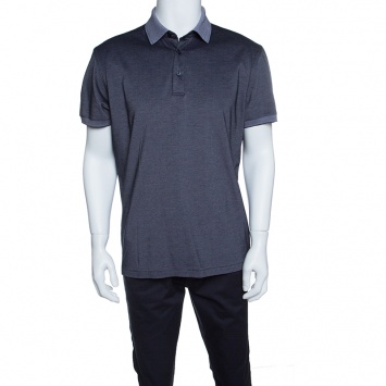 Pre Owned Ermenegildo Zegna Navy Blue and White Honeycomb Knit Short Sleeve Polo T-Shirt L
