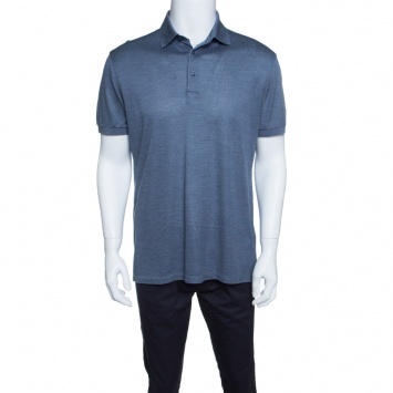 Pre Owned Ermenegildo Zegna Metallic Grey Silk Knit Ribbed Trim Polo T-Shirt M