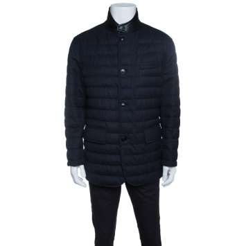 Pre Owned Ermenegildo Zegna Navy Blue Melange Wool Leather Trim Quilted Down Jacket XXL