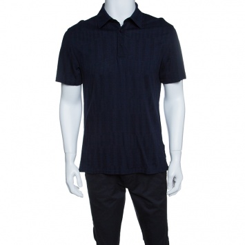 Pre Owned Ermenegildo Zegna Navy Blue Patterned Honeycomb Knit Polo T-Shirt M