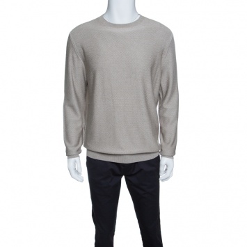 Pre Owned Ermenegildo Zegna Beige Silk Zig Zag Pattern Ribbed Trim Sweater L