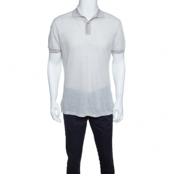 Pre Owned Ermenegildo Zegna Grey Linen Knit Ribbed Trim Polo T-Shirt S