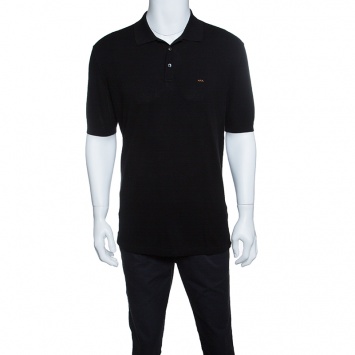 Pre Owned Ermenegildo Zegna Couture Black Honeycomb Knit Logo Embroidered Polo T-Shirt L