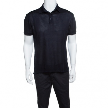 Pre Owned Ermenegildo Zegna Navy Blue Perforated Silk Knit Short Sleeve Polo T-Shirt M