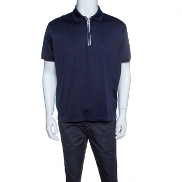 Pre Owned Ermenegildo Zegna Navy Blue Zip Front Polo T-Shirt XL