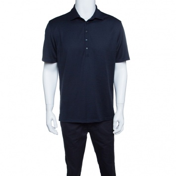 Pre Owned Ermenegildo Zegna Cool Effect Navy Blue Knit Polo T-Shirt L