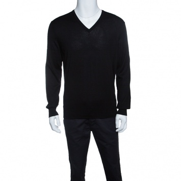 Pre Owned Ermenegildo Zegna Cashseta Light Black Ribbed Trim V-Neck Sweater L