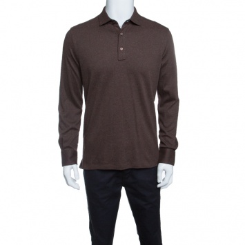 Pre Owned Ermenegildo Zegna Brown Cotton Knit Long Sleeve Polo Shirt M