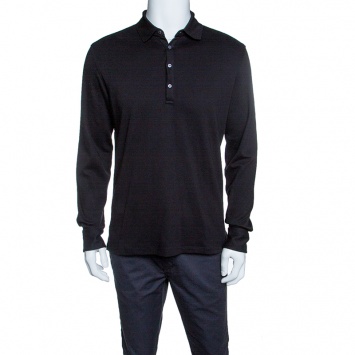Pre Owned Ermenegildo Zegna Black Cotton Jersey Suede Trim Long Sleeve Polo T-Shirt M