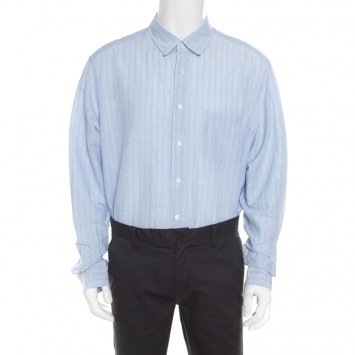 Pre Owned Ermenegildo Zegna Light Blue Striped Cotton Linen Button Down Shirt 3XL