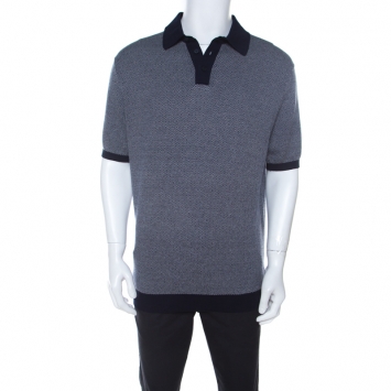 Pre Owned Ermenegildo Zegna Blue Diamond Patterned Cotton Jacquard  Polo T Shirt XL