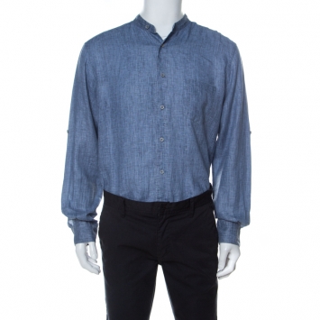 Pre Owned Ermenegildo Zegna Blue Linen Mandarin Collar Button Down Shirt XL