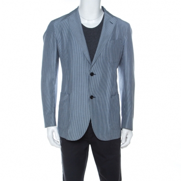 Pre Owned Ermenegildo Zegna Blue Striped Linen and Silk Blend Light Blazer L