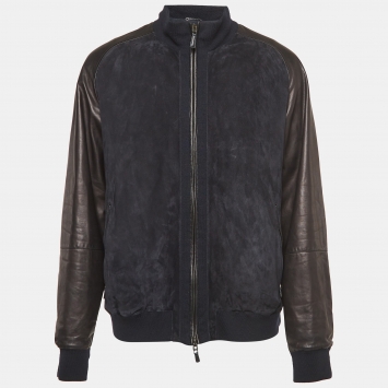 Pre Owned Ermenegildo Zegna Blue/Black Leather and Suede Bomber Jacket XXXL