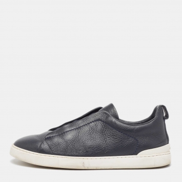Pre Owned Ermenegildo Zegna Navy Blue Leather Triple Stitch Slip On Sneakers Size 43