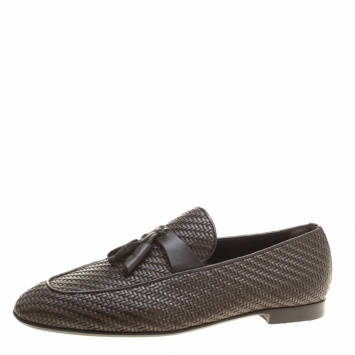 Pre Owned Ermenegildo Zegna Brown Woven Leather Lido Tassel Loafers Size 42