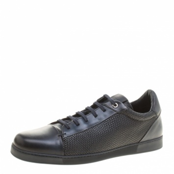Pre Owned Ermenegildo Zegna Navy Blue Leather Woven Detail Lace Up Sneakers Size 42.5