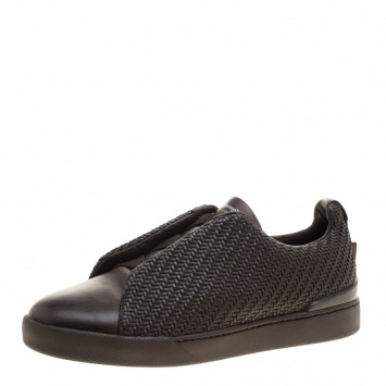 Pre Owned Ermenegildo Zegna Couture Dark Brown Woven Leather Pelle Tessuta Triple Stitch Slip On Sneakers Size 41
