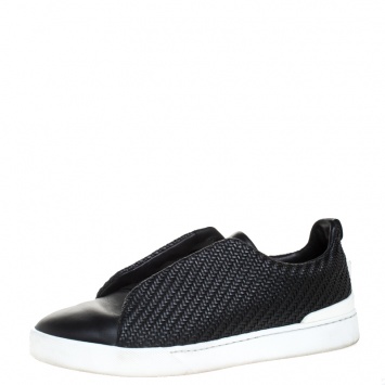 Pre Owned Ermenegildo Zegna Couture Black Woven Leather Pelle Tessuta Triple Stitch Slip On Sneakers Size 44
