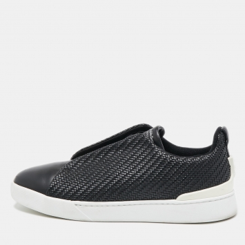 Pre Owned Ermenegildo Zegna Black Woven Leather Pelletessuta Triple Stitch Sneakers Size 43.5