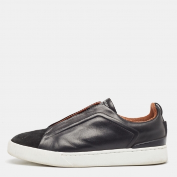 Pre Owned Ermenegildo Zegna Black Leather Triple Stitch Low Top Sneakers Size 42.5