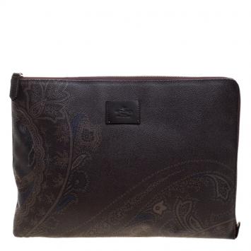 Pre Owned Etro Dark Brown Paisley Printed Coated Canvas Document Holder