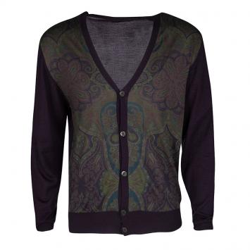 Pre Owned Etro Purple Paisley Printed Wool Silk Button Front Cardigan XL