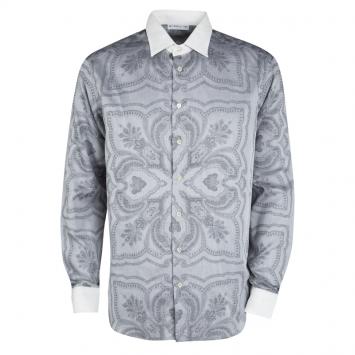 Pre Owned Etro Grey Printed Contrast Collar and Cuff Detail Long Sleeve Shirt  L