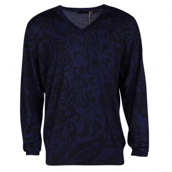 Pre Owned Etro Navy Blue Contrast Print V-Neck Sweater XXL