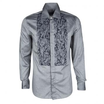 Pre Owned Etro Grey Cotton Printed Pintucked Yoke Detail Long Sleeve Tuxedo Shirt M