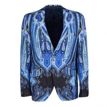 Pre Owned Etro Blue Paisley Printed Linen Minerva Foulard Superleggera Blazer M