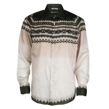 Pre Owned Etro Bottle Green and Beige Tie Dye Print Long Sleeve Button Front Cotton Shirt L