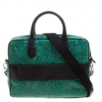 Pre Owned Etro Green Paisley Embossed Leather Laptop Bag