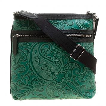 Pre Owned Etro Green Paisley Embossed Leather Messenger Bag