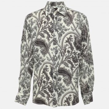 Pre Owned Etro White/Dark Brown Paisley Printed Linen Long Sleeve Shirt XL