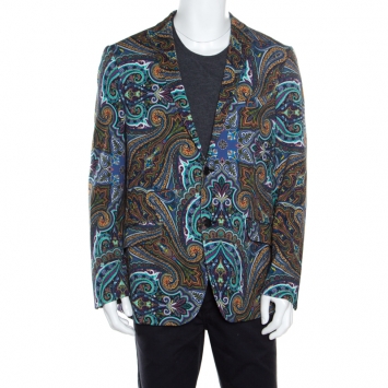 Pre Owned Etro Multicolor Paisley Printed Cotton New Jersey Blazer L