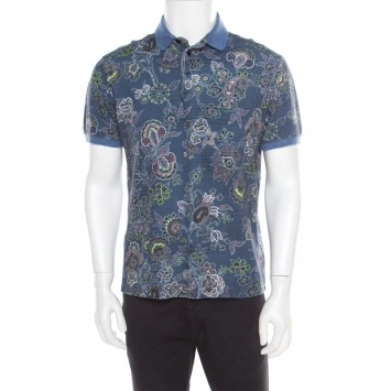 Pre Owned Etro Blue Floral Printed Honeycomb Knit Polo T-Shirt M