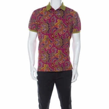 Pre Owned Etro Pink Paisley Print Cotton Contrast Collar Polo Shirt L 