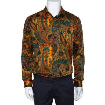 Pre Owned Etro Mustard Orange Cotton Exploded Paisley Print Button Front Shirt L