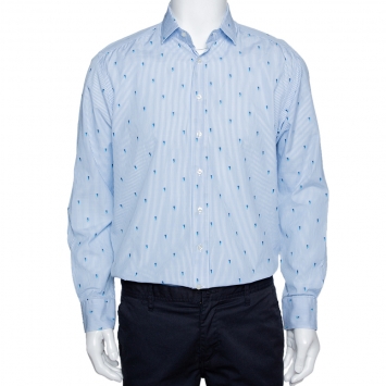 Pre Owned Etro Light Blue Striped Seahorse Pattern Cotton Long Sleeve Shirt L
