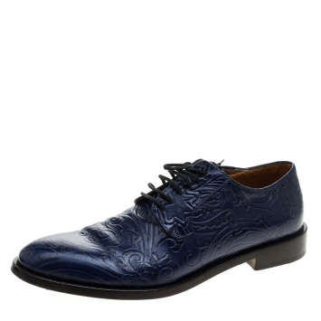 Pre Owned Etro Blue Paisley Embossed Leather Lace Up Derby Size 42